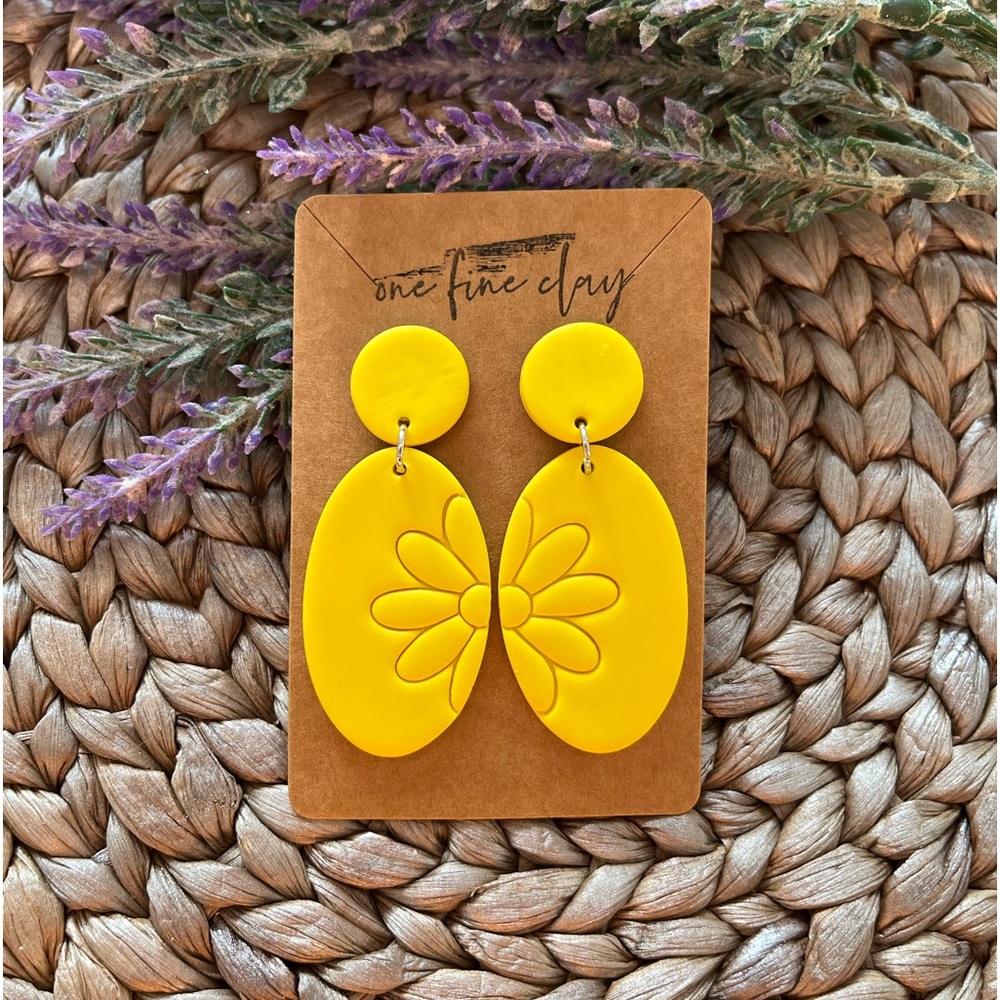 Bright Yellow Clay Flower Oval Earrings - Picture 4 of 7